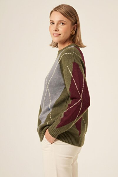 FTZ WOMEN Women's Diamond Patterned Sweater Khaki 25094