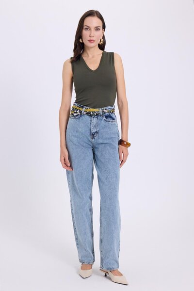 Tudors Women's Slim Fit Slim Fit V-Neck Zero Sleeve Cotton Ribbed Khaki Blouse