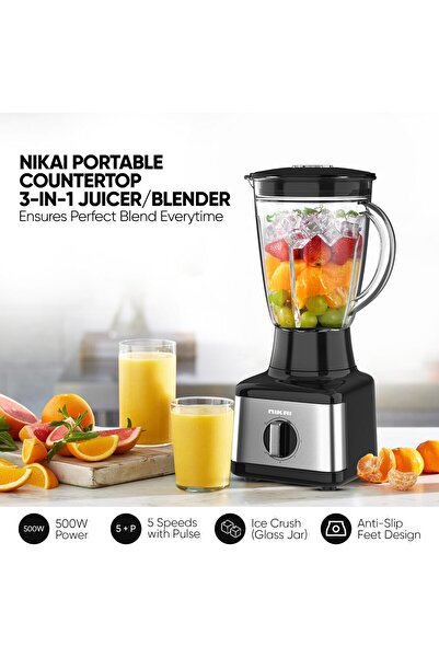Nikai 3-in-1 Blender 500W with Glass & Plastic Jars, Model NB3900GEB, Black