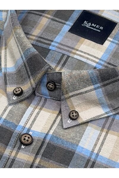 KAMER Men's Oversized (Plus Size) Winter Long Sleeve Button-Up Collar Single Pocket Plaid Beige Shirt 3546E