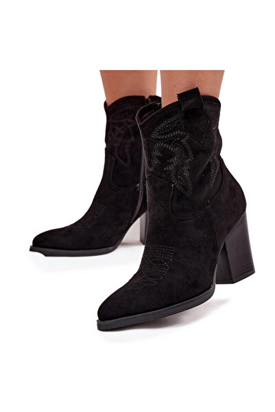 BOTO Botine de cowboy pentru femei cu toc velur negru Carissa 40
