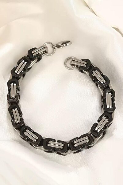 TAKIŞTIR Silver and Black Color Chain Detailed Steel Men's Bracelet