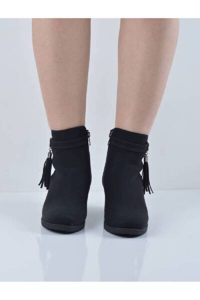 Şanslı Ayakkabıcılık Siyah Süet Yandan Püsküllü Kalın Topuk Bot