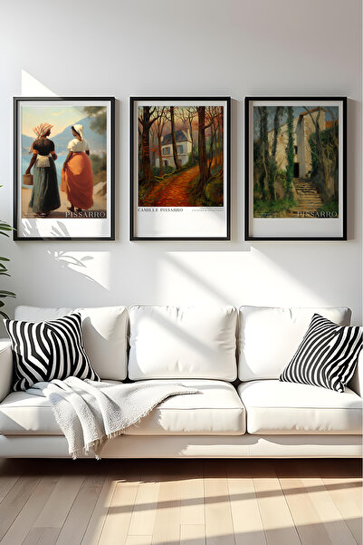 huhuli Ahşap Siyah Çerçeveli Camille Pissarro Tablo Seti Huhu555