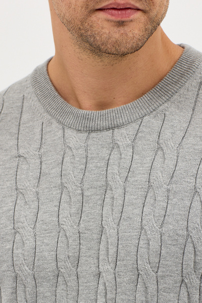 Frappoli Vaclav Men's Light Gray Hair Braided Cotton Crew Neck Sweater