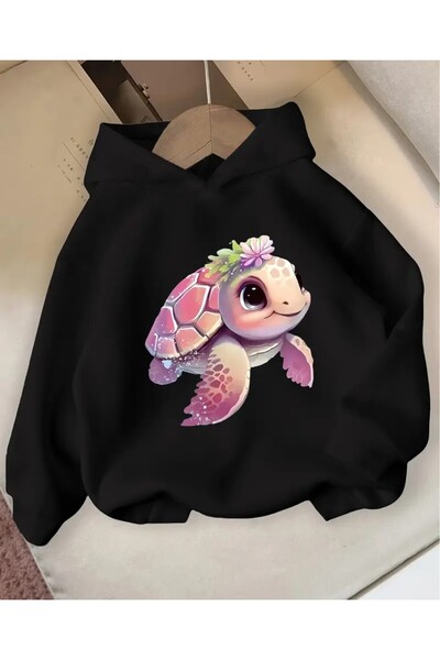 oneagılyazı Сладко суитшърт с качулка с принт на костенурка и цветя