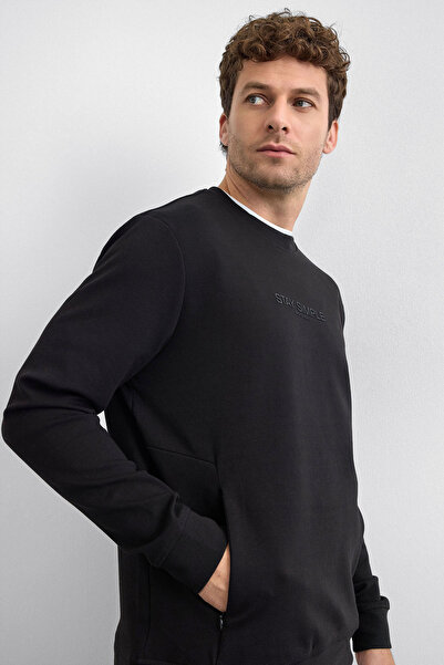 Back And Bond Black Crew Neck Zipper Pocket Sweatshirt