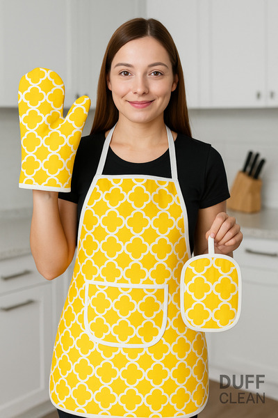 DUFF CLEAN Set of 3 Waterproof Kitchen Apron Dowry Set Heat Resistant Oven Mi...