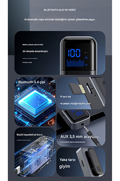 MATECHNO 2 in 1 Bluetooth Adaptör Alıcı Verici Bluetooth 5.4 Receiver TF Kart Girişli Aux Wireless Araç Kiti