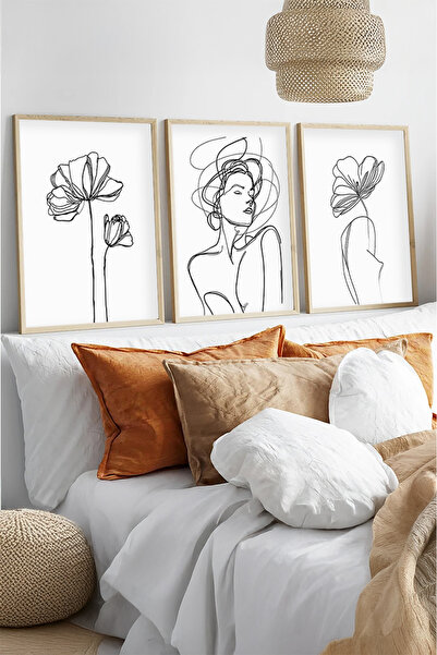 huhuli Ahşap Çerçeveli Minimalist Line Art 3'lü Tablo Seti Huhu534
