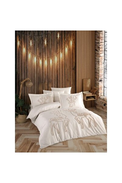 Class Home Collection Noel Ecru Double Bed Reindeer Christmas Bedding with Embroidery - Class Home