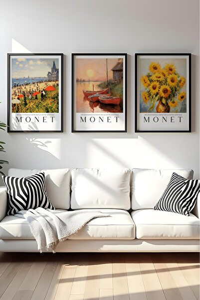 huhuli Ahşap Siyah Çerçeveli Claude Monet Tablo Seti Huhu560