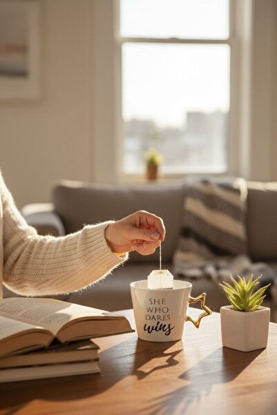 ANJEAHOME Vitoria 400 ml Star Handle Glass Mug Cup | Stylish Design with White and Gold Details | Coffee Cup