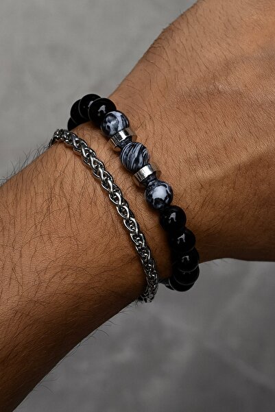 TAKIŞTIR Mixed Color Chain and Bead Detailed Steel Men's Bracelet