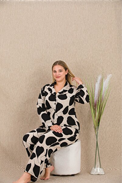 Lady Lingerie Long Sleeve, Shirt Collar, Patterned, Buttoned All Over, Oversized Women's Pajama Set