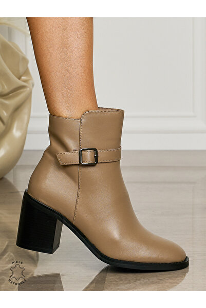 ANGEL BLUE WOMEN'S LEATHER BOOTS WITH THICK HEEL CRL14941 Khaki