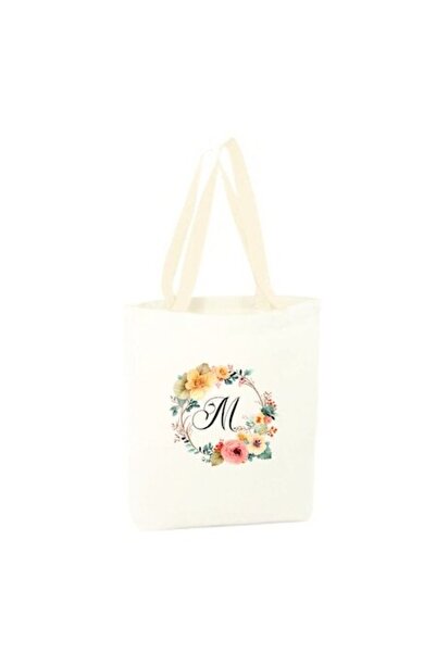 AFFIX THE DIFFERENT PERSPECTIVE White canvas shopping bag, long white handles, 34.5 x 38 cm, Flowers-Alphabet (letter M)
