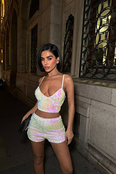 Neşeli Butik Women's Sequin Strap Crop Shorts Two-Piece Set Nbdf168