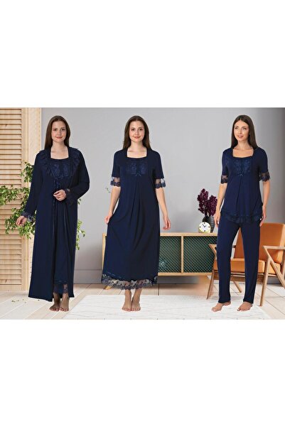 Lohusa Homewear Дамски тъмносин комплект от 4 части с дантелени детайли, дълъ...