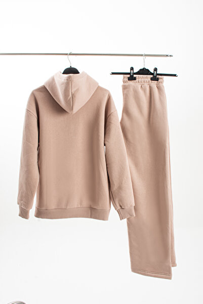 grand coco Men's Oversized 3 Thread Ş Fleece-Lined Beige Tracksuit Set