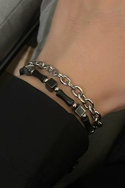 TAKIŞTIR Mixed Color Chain and Bead Detailed Steel Men's Bracelet