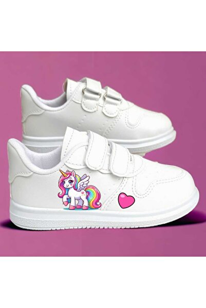 LİASSHOES White Majestic Horse Pink Heart Printed White Band Children Sneakers