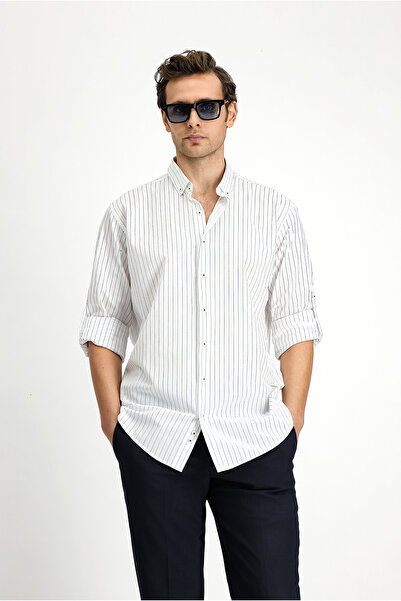 Kiğılı Long Sleeve Regular Fit Striped Sport Button-Down Collar Cotton Shirt