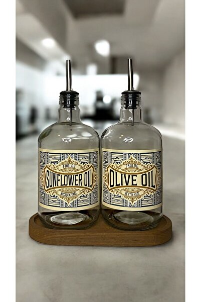 Frolde Home Ahşap Stantlı 2'li ÇelikTıpalı 750Ml Cam Ayçiçek Yağı Zeytinyağı Şişesi Yağdanlık Vintage Retro
