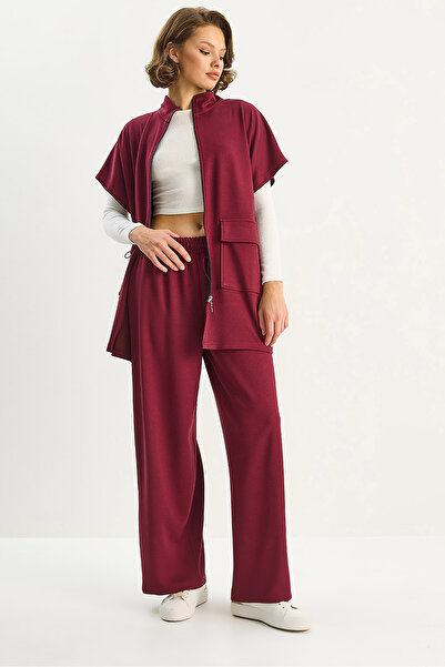 Bianco Lucci Women's Elastic Waist Large Pocket Detailed Vest Loose Pants Top-And-Bottom Modal Set 8607 60283733