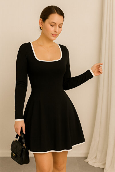 StilVibe Square Neck Long Sleeve Fitted Cut Black Dress Editor's Picks