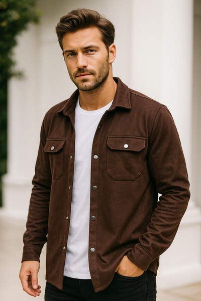 Rich Чоловіча коричнева замшева товста сорочка з двома кишенями, сезонна куртка