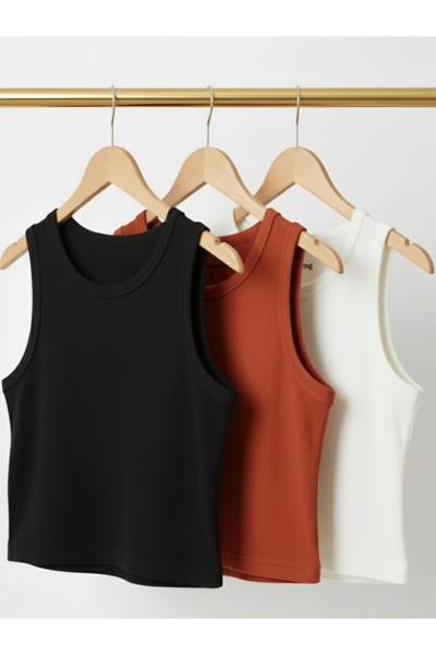 bumerangspor Women's Ribbed Knit Fabric Wide Strap Crop 3-Piece Set