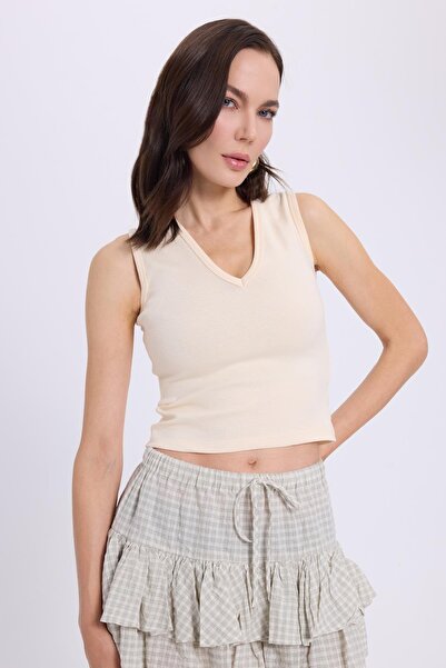 Tudors Γυναικεία μπλούζα εφαρμοστό με λεπτή εφαρμογή με λαιμόκοψη σε σχήμα V, με μηδενικό μανίκι, βαμβακερή ριμπένα μπεζ μπλούζα