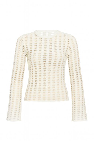 HAKKE Mesh Spanish Sleeve S Slim Fit Crop Crew Neck Knitted Bluz