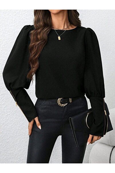 TUA MODA Tua Moda Women's Long Sleeve Crew Neck Zipper Detailed Imported Crepe Blouse