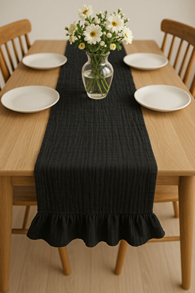 Marecot Fırfırlı %100 MÜSLİN PAMUK Runner 40 x 120 cm SİYAH