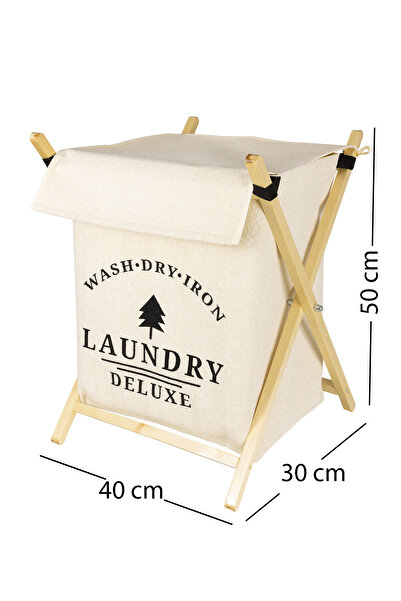 HomyJRs Laundry Baskılı Kapaklı Ahşap Destekli Kare Kıyafet Kirli Çamaşır Sepeti 40 x 30 x 50