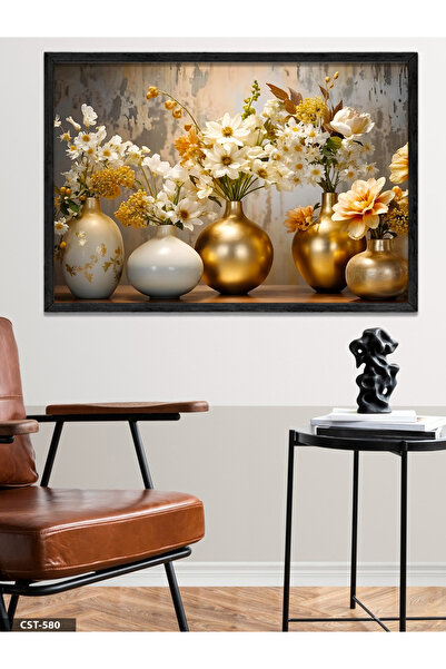 Flowers in a Gold Vase One Piece Black Wooden Frame Painting