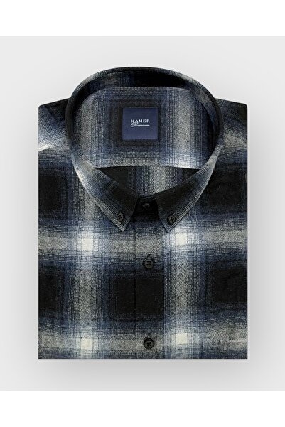 KAMER Men's Oversized (Plus Size) Winter Long Sleeve Button-Up Collar Single Pocket Plaid Navy Blue Shirt 3558L