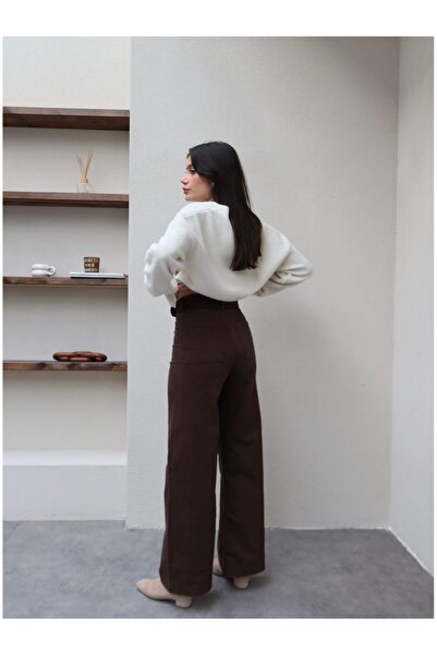 ESRAHELVACI Wide Leg Stretch Fabric Pants with Stitching Detail