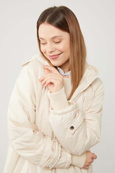 Levidor Μπεζ με κουκούλα Καπιτονέ Μακρύ Παλτό