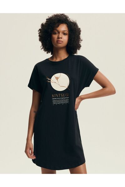 Henderson Women's Sleep Shirt Dress Nightgown with Japanese Motif Short Sleev...