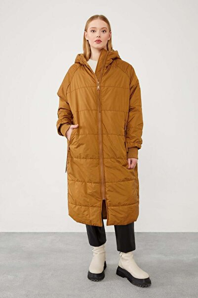 Levidor Hooded Inflatable Jacket with Snap Detailing on the Sides in Brown