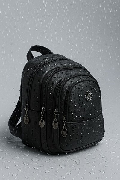 Av A Dos Black Unisex Faux Leather Multi-Compartment Backpack Daily Multi-Pocket Water Resistant