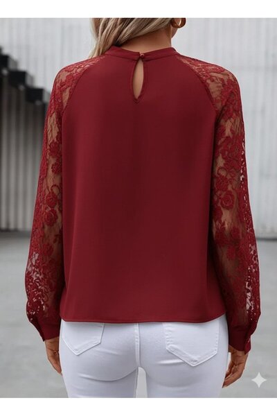 babatr.com Women's long sleeve lace-trimmed sandy blouse with round neck