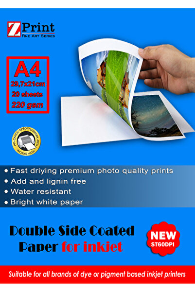 zprint 220 GR ÇİFT TARAFLI PARLAK FOTOĞRAF KAĞIDI A4 20 YAPRAK (EPSON - CANON...