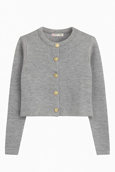 Mixray 6722 women's gold button basic pique knit cardigan - grey
