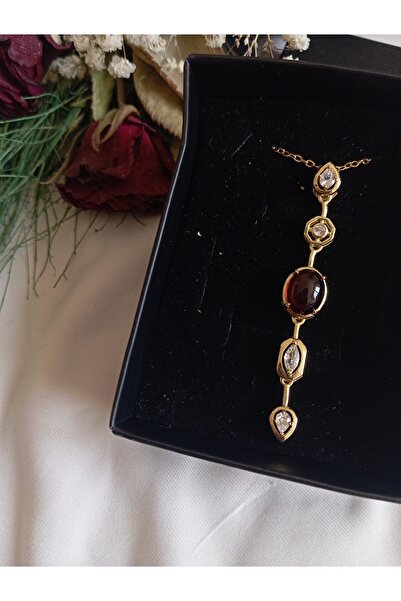 steanles stel Bordo Taşlı Gold Çelik Y Kolye