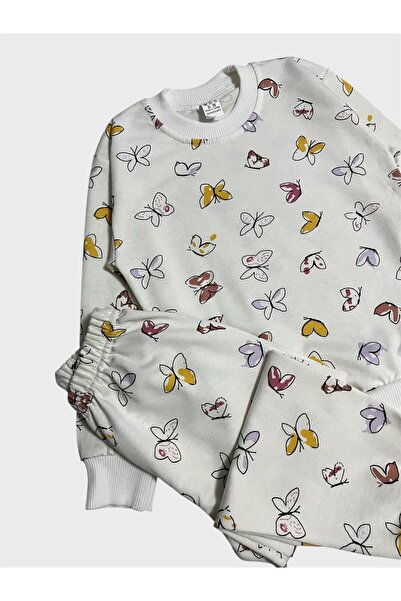 tusem butik homewear Girl's Cotton White Butterfly Patterned Long Sleeve Seasonal Pajamas Set