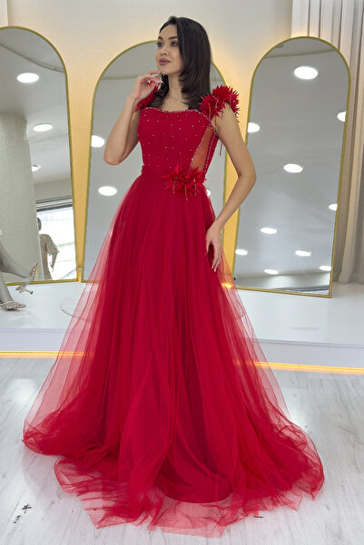 zks grup tekstil Red Shoulder Floral Transparent Detail Embroidered Princess Model Tulle Henna Evening Dress